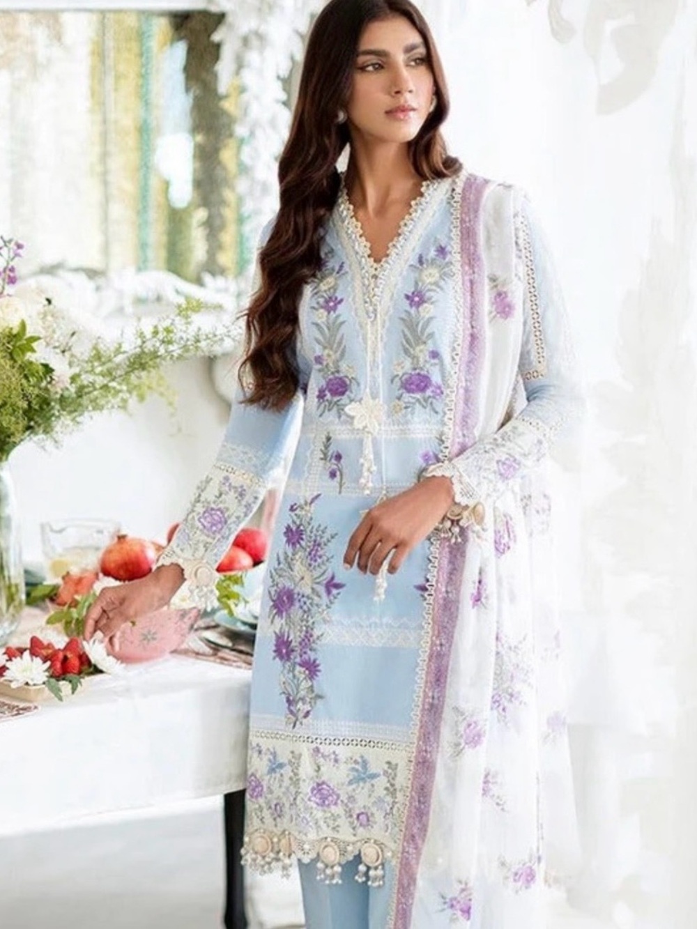 Light Blue & Lavender Embroidered Long-Sleeve Women's Dress by Sana safinaz